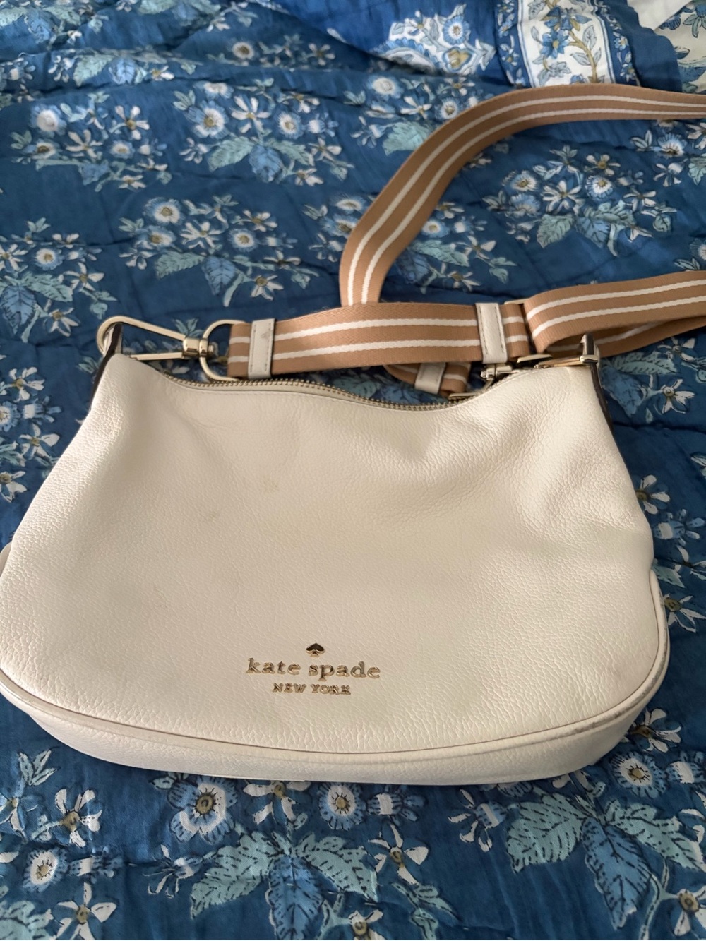 kate spade Cream Leather Shoulder Bag with Striped Strap